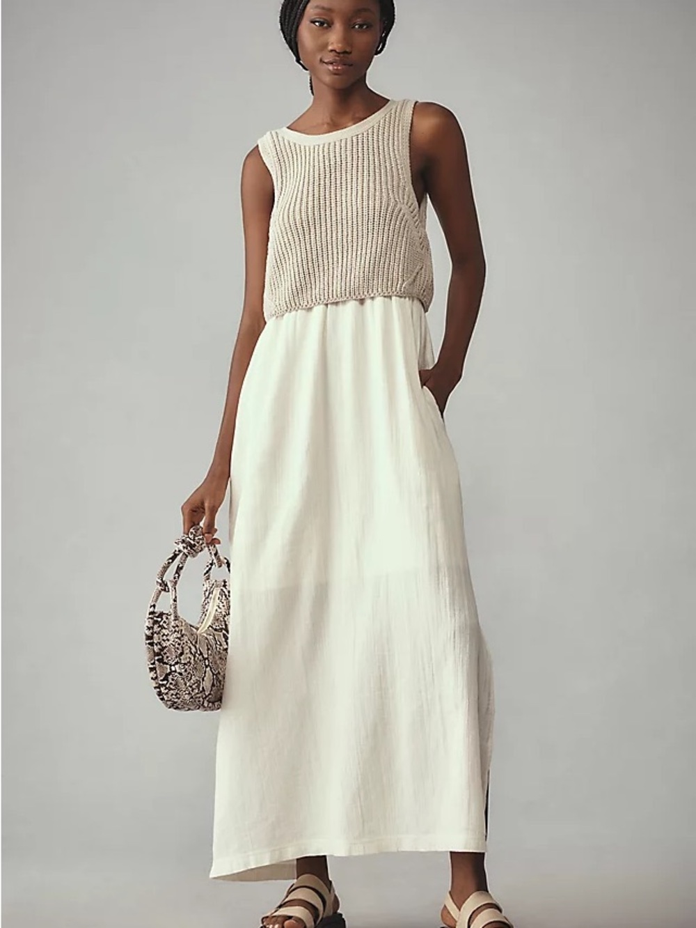 Anthropologie Beige and Ivory Knit Maxi Dress - Size small